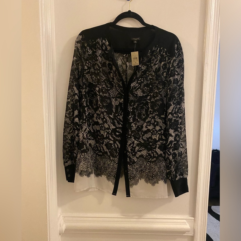 Ann Taylor Black and White Abstract Lace-Print Blouse